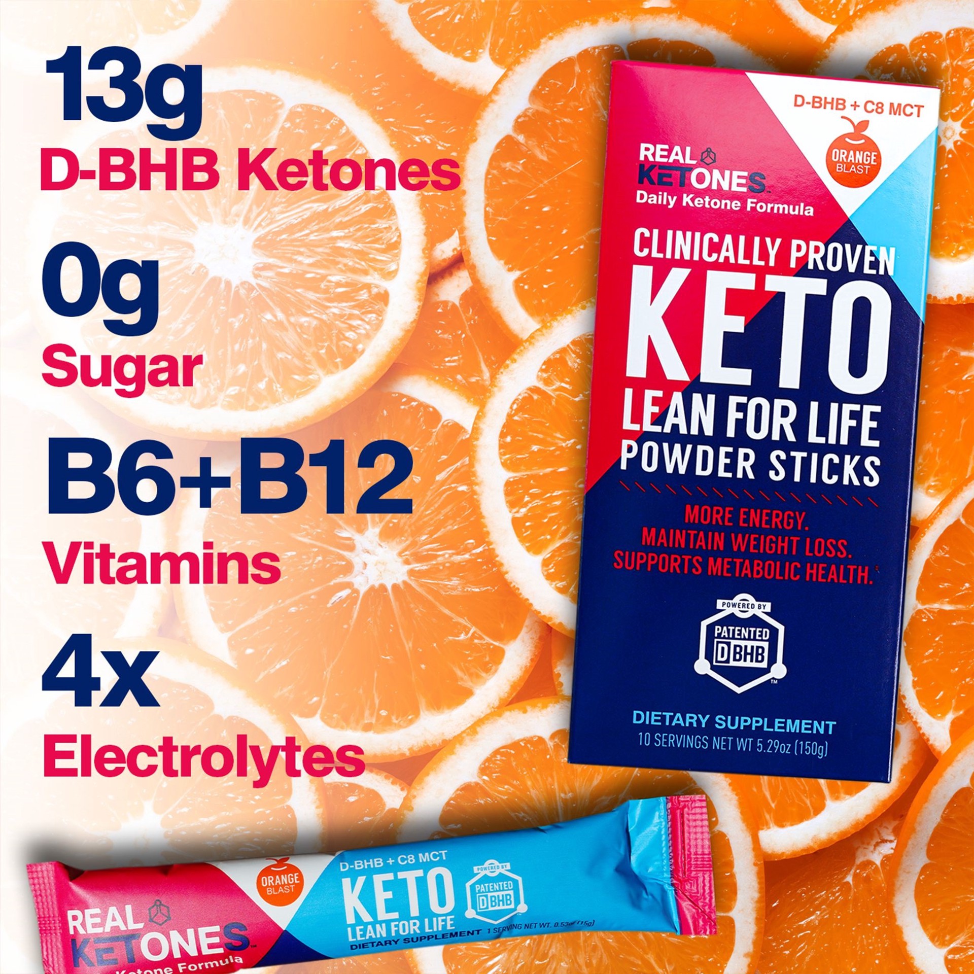 slide 4 of 5, New Brand Real Ketones Keto Lean for Life Powder Sticks, Orange Blast, 10 ct