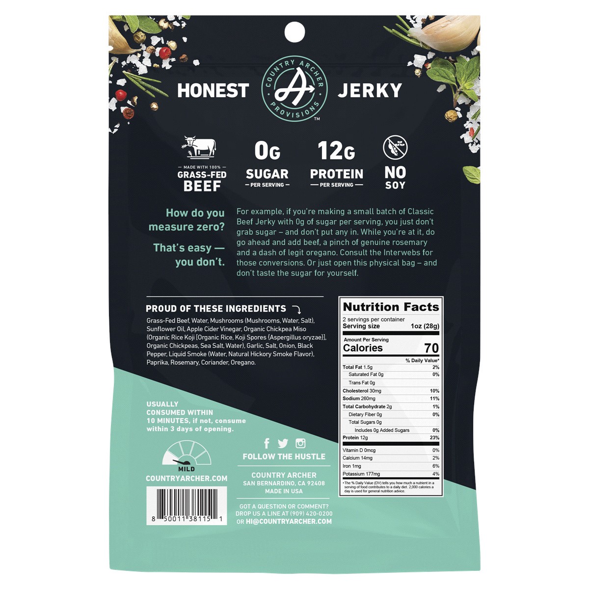 slide 2 of 2, Country Archer Grass-Fed Zero Sugar Classic Beef Jerky 2 oz, 2 oz