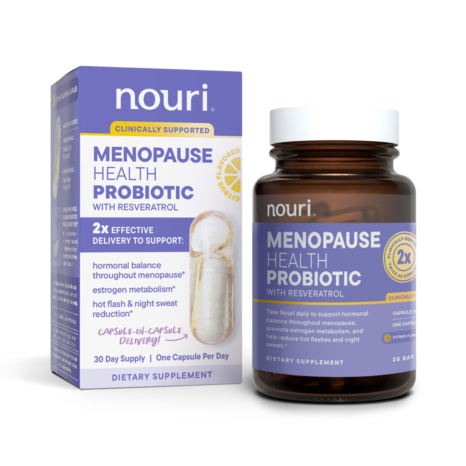 slide 2 of 2, Nouri Menopause Health Daily Probiotic Capsules with Resveratrol and Plant-Based Omega Oil, 30 ct