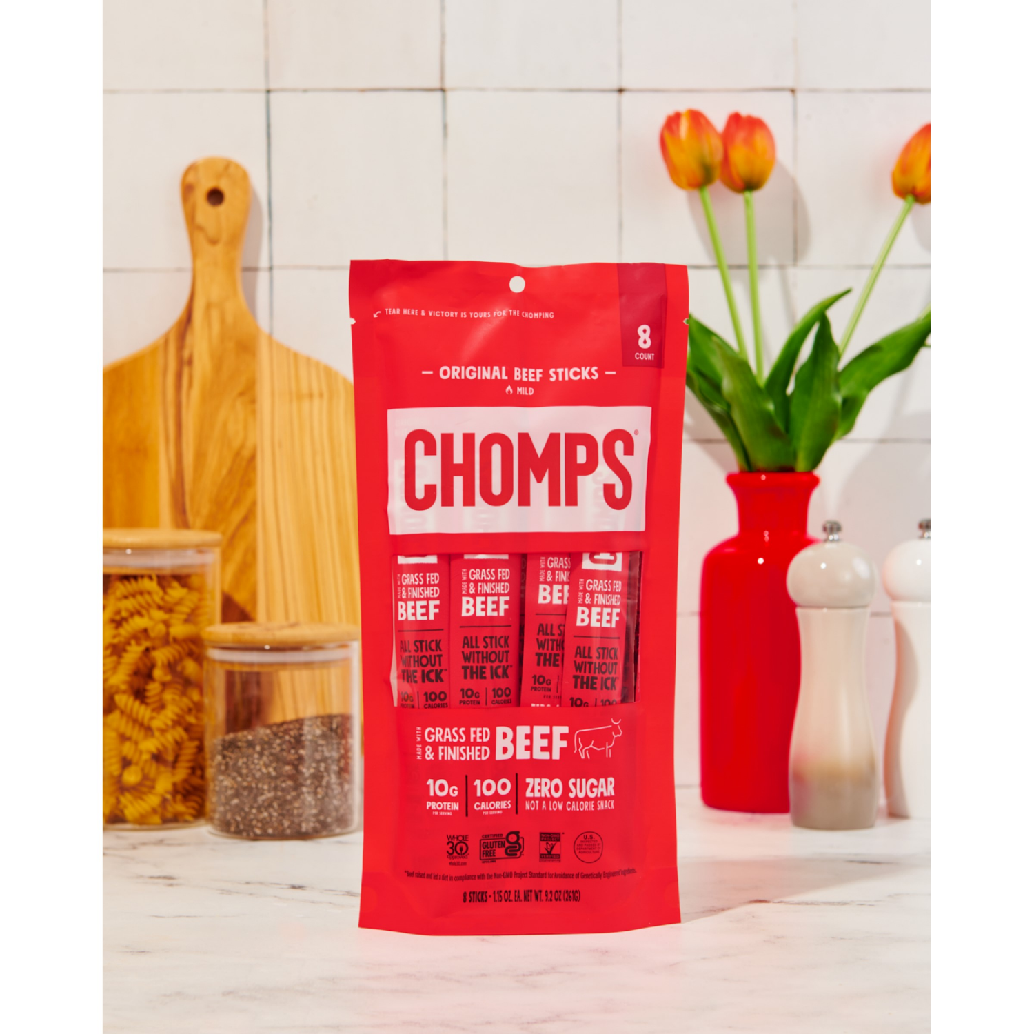 slide 5 of 5, Chomps Grass-Fed and Finished Original Beef Meat Sticks, 8 count, 8 ct