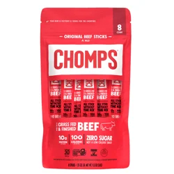 Chomps Grass-Fed and Finished Original Beef Meat Sticks, 8 count