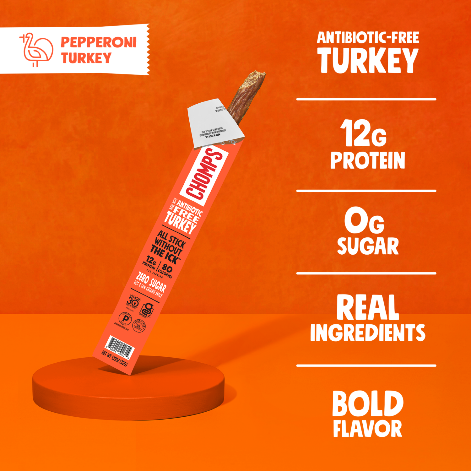 slide 3 of 3, Chomps Free Range Pepperoni Turkey 1.15oz Stick, 1.15 oz