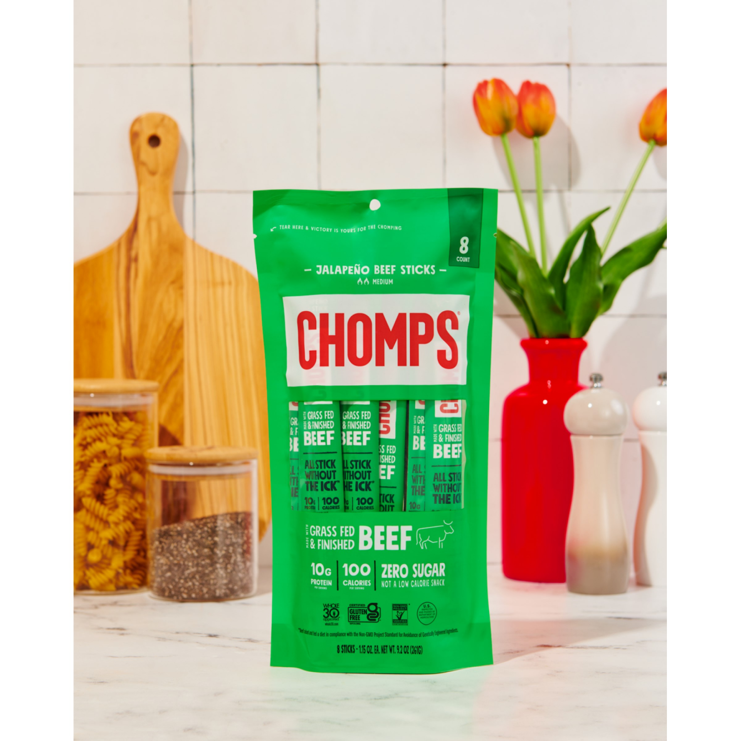 slide 3 of 4, Chomps Grass-Fed and Finished Jalapeño Beef Meat Sticks, 8 count, 9.2 oz