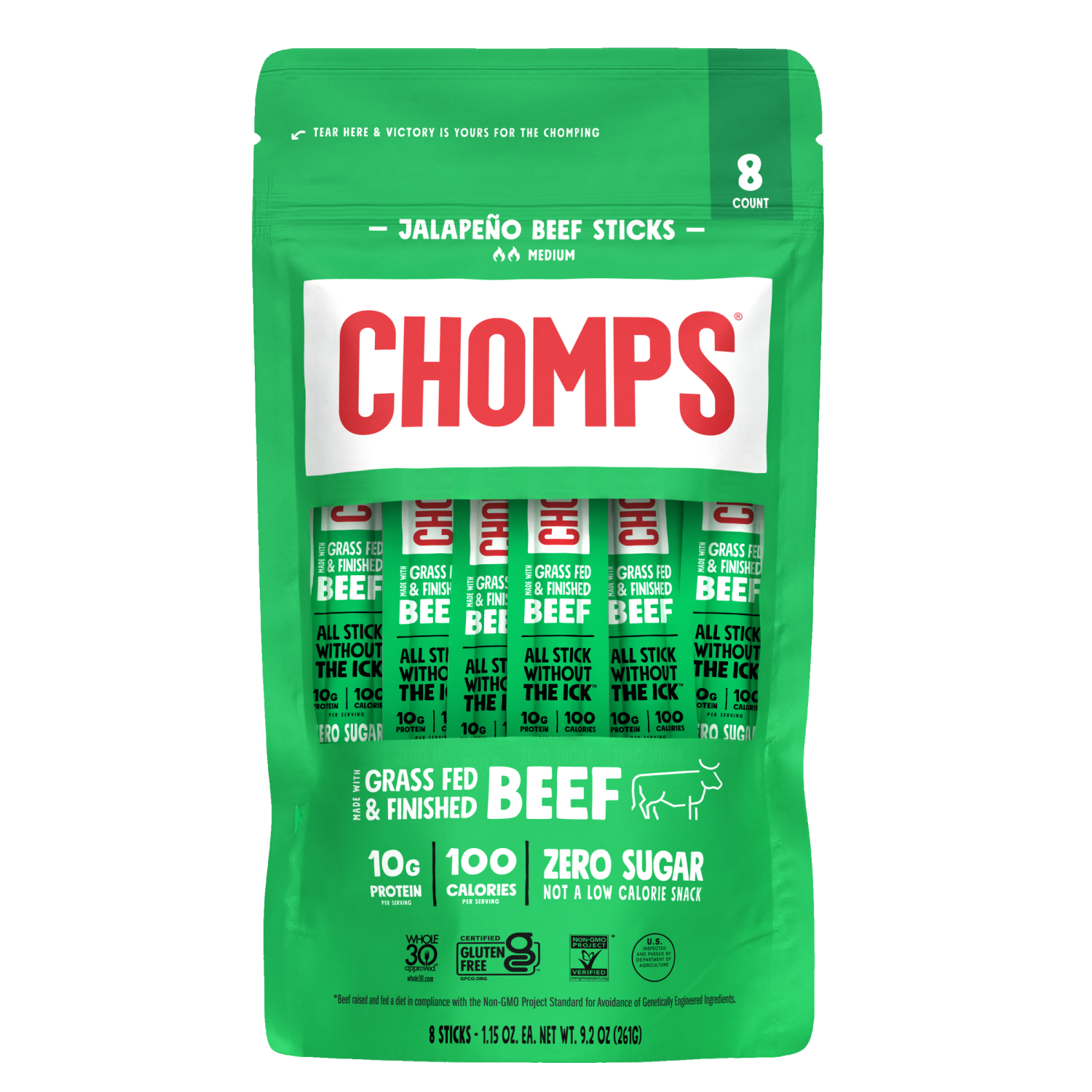 slide 1 of 4, Chomps Grass-Fed and Finished Jalapeño Beef Meat Sticks, 8 count, 9.2 oz