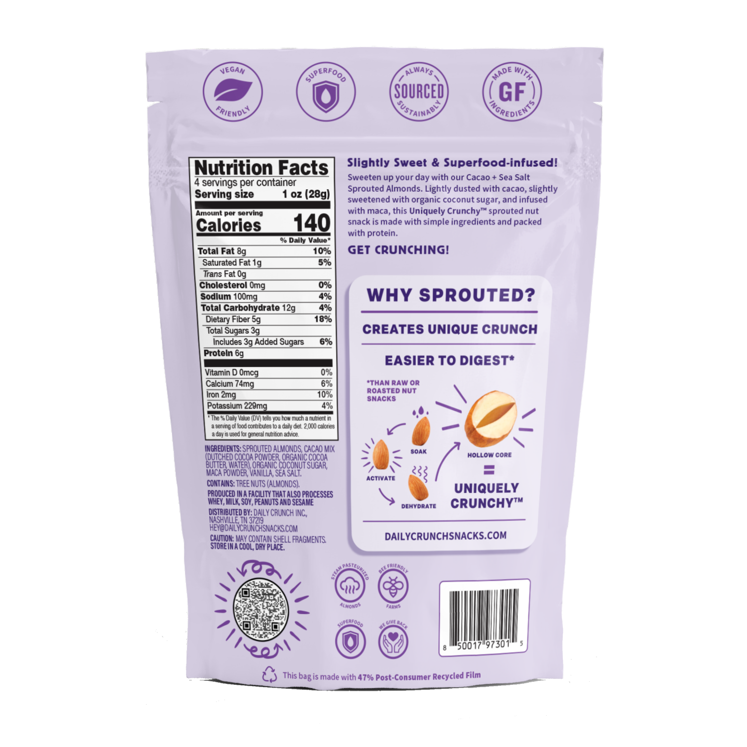 slide 2 of 2, Daily Crunch Cocoa + Sea Salt Sprouted Almonds, 4 oz