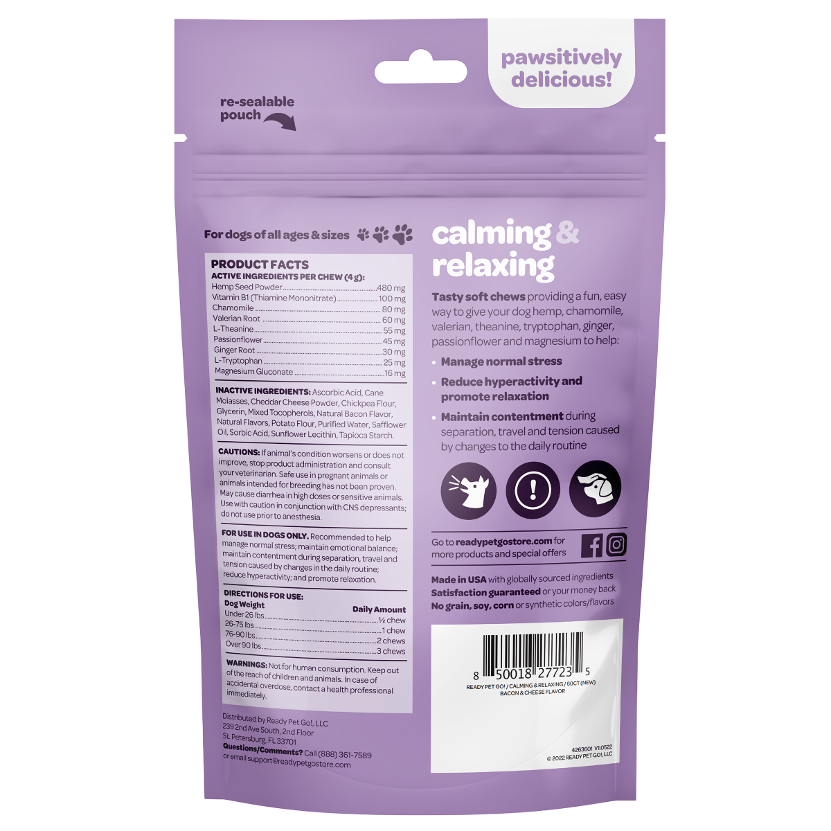 slide 2 of 2, Ready Pet Go Calm & Relax Chews, Bacon Cheese flavor, 60 ct