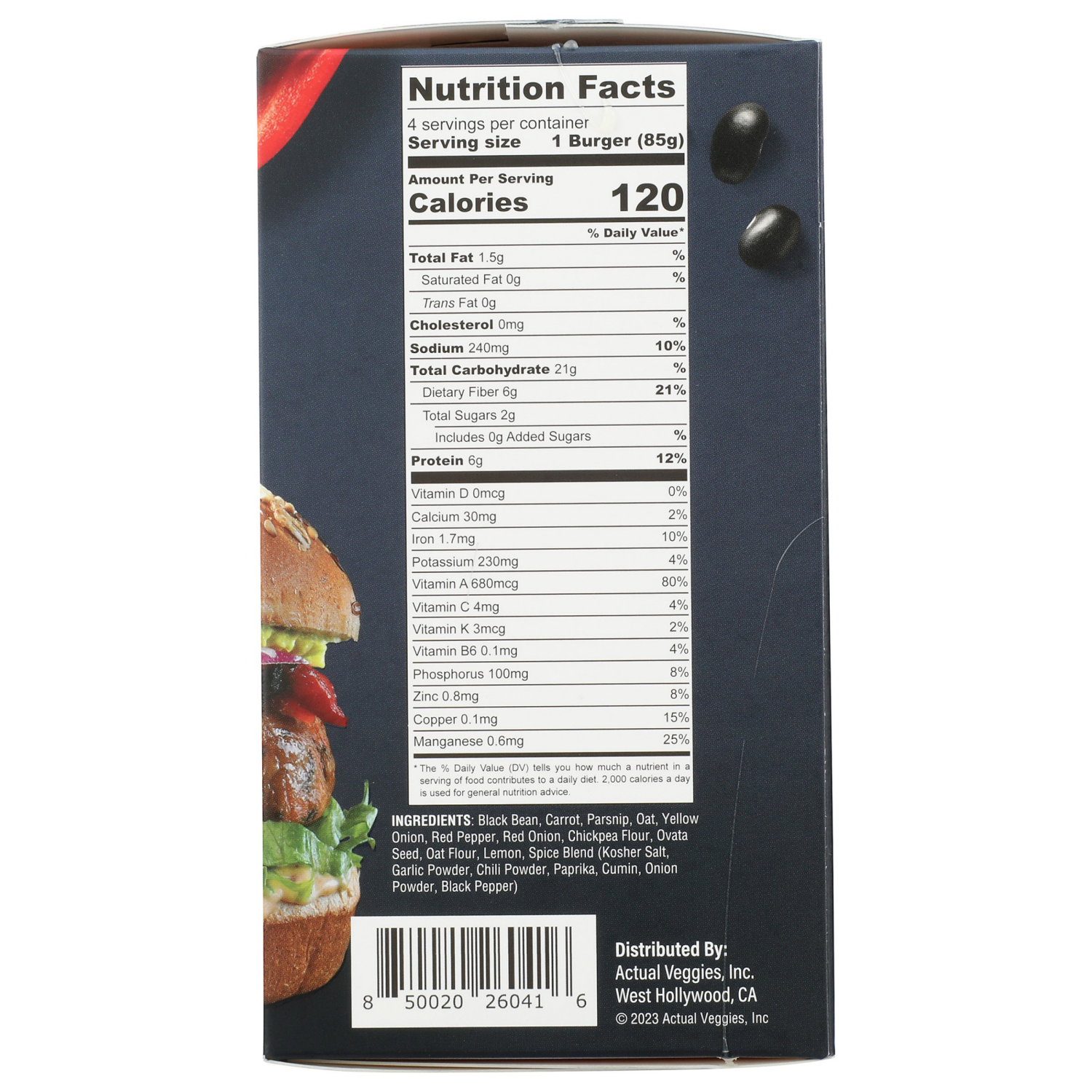 slide 3 of 3, Actual Veggies Black Bean Veggie Burger with Red Pepper & Caramelized Onion 4 - 3 oz Patties, 4 ct