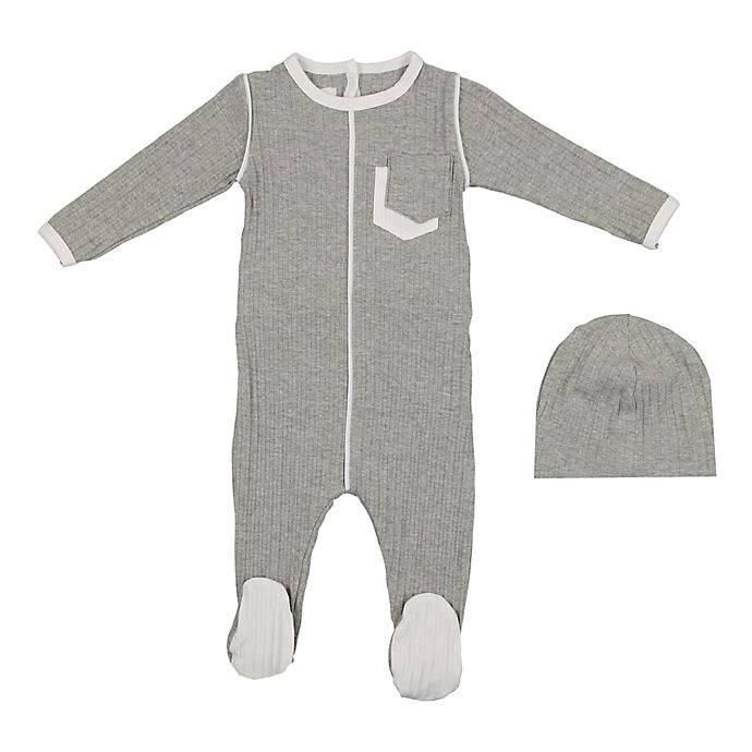 slide 1 of 2, HannaKay by Manière Newborn Piped Pocket Footie and Matching Hat - Grey, 1 ct
