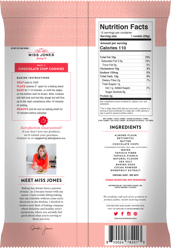 slide 4 of 4, Miss Jones Baking Co. Miss Jones Ready to Bake Keto Chocolate Chip Cookie Dough, 11.84 oz