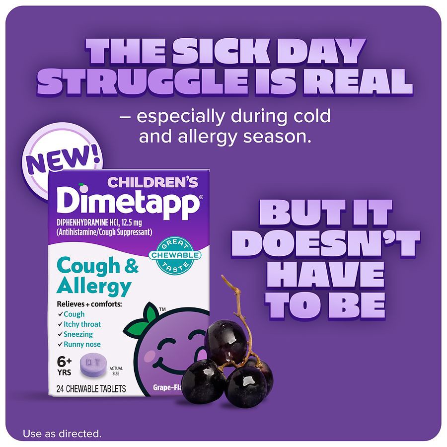 slide 2 of 5, Dimetapp 6+ Yrs Children's Grape Flavored Cold & Cough 24 Chewable Tablets, 24 ct