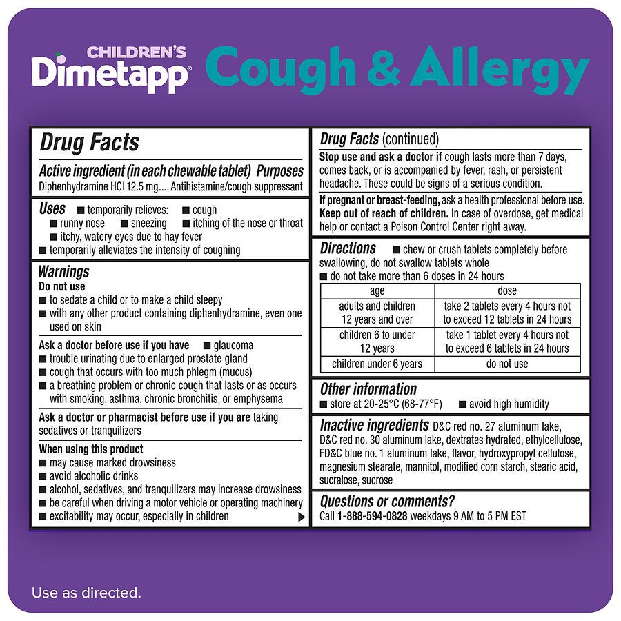 slide 3 of 5, Dimetapp 6+ Yrs Children's Grape Flavored Cold & Cough 24 Chewable Tablets, 24 ct