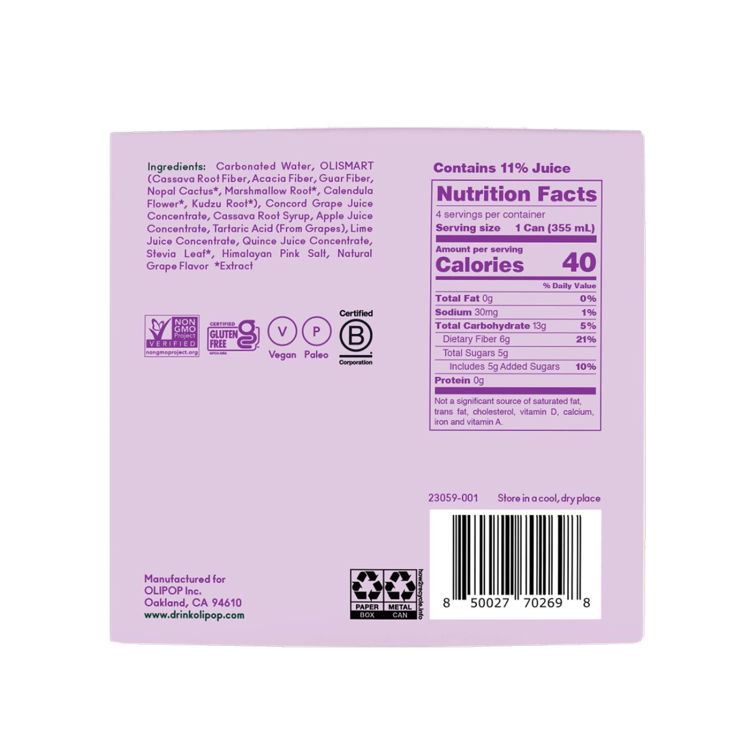 slide 2 of 2, Olipop Classic Grape Prebiotic Soda - 4ct/12 fl oz Cans, 4 ct; 12 fl oz