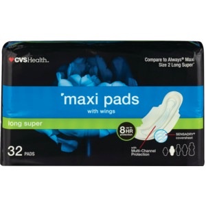 slide 1 of 1, CVS Health Maxi Pads With Wings, Long Super, 32 ct
