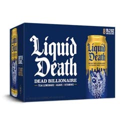 Liquid Death, Dead Billionaire Iced Tea, 8-Pack (King Size 19.2oz Cans), Half Lemonade Half Black Tea Sweetened With Real Agave, B12 & B6 Vitamins, Low Calorie & Low Sugar
