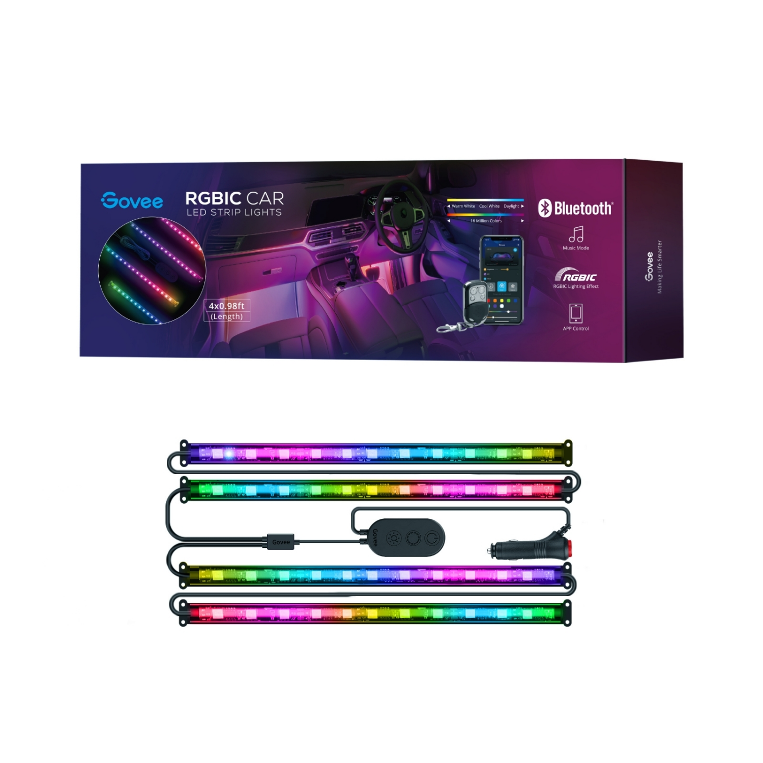 slide 1 of 6, Govee RGBIC Interior Car LED Strip Light(4*0.98ft), 0.98 ft