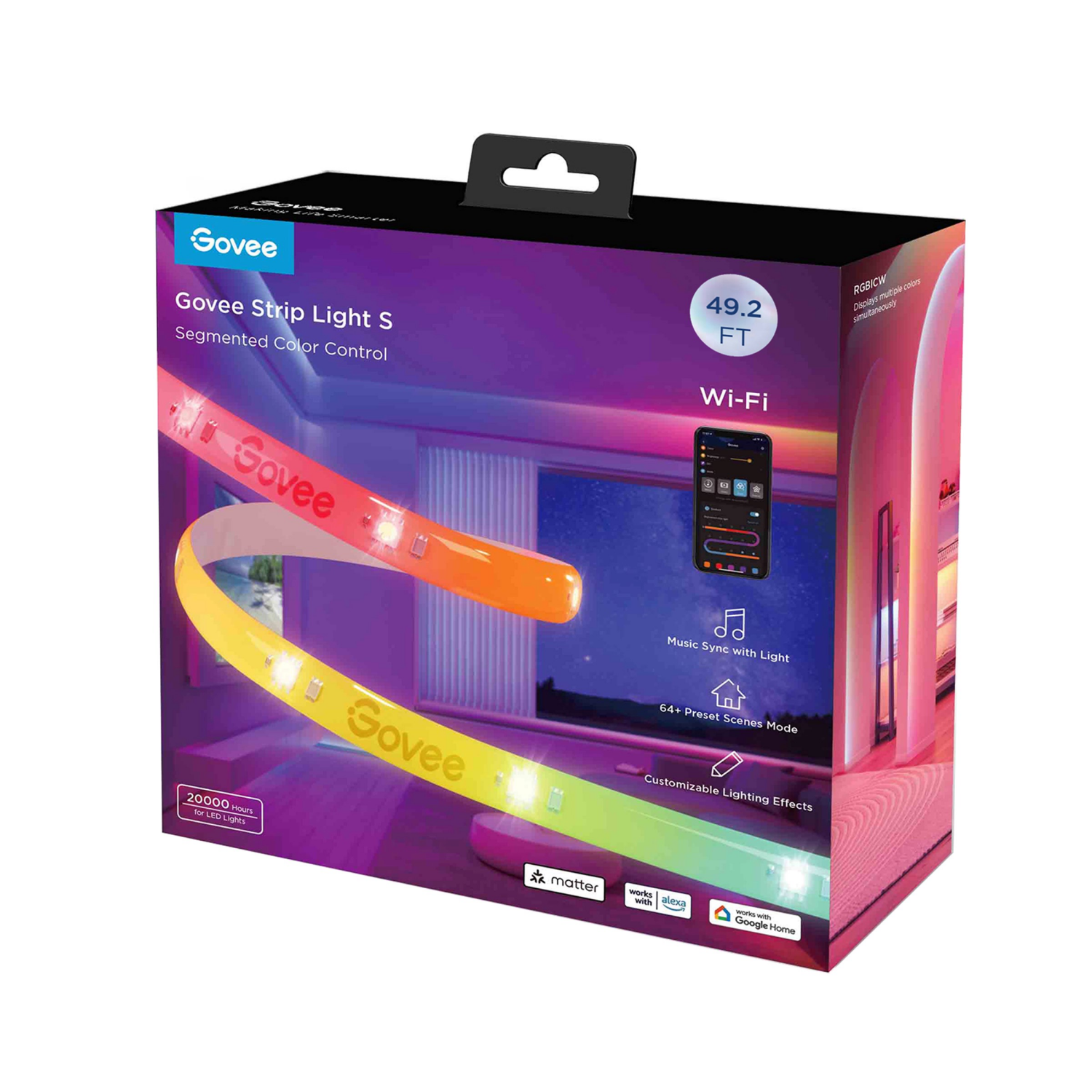 slide 7 of 8, Govee 49.2ft Wi-Fi RGBICW LED Strip Light, 49.2 ft