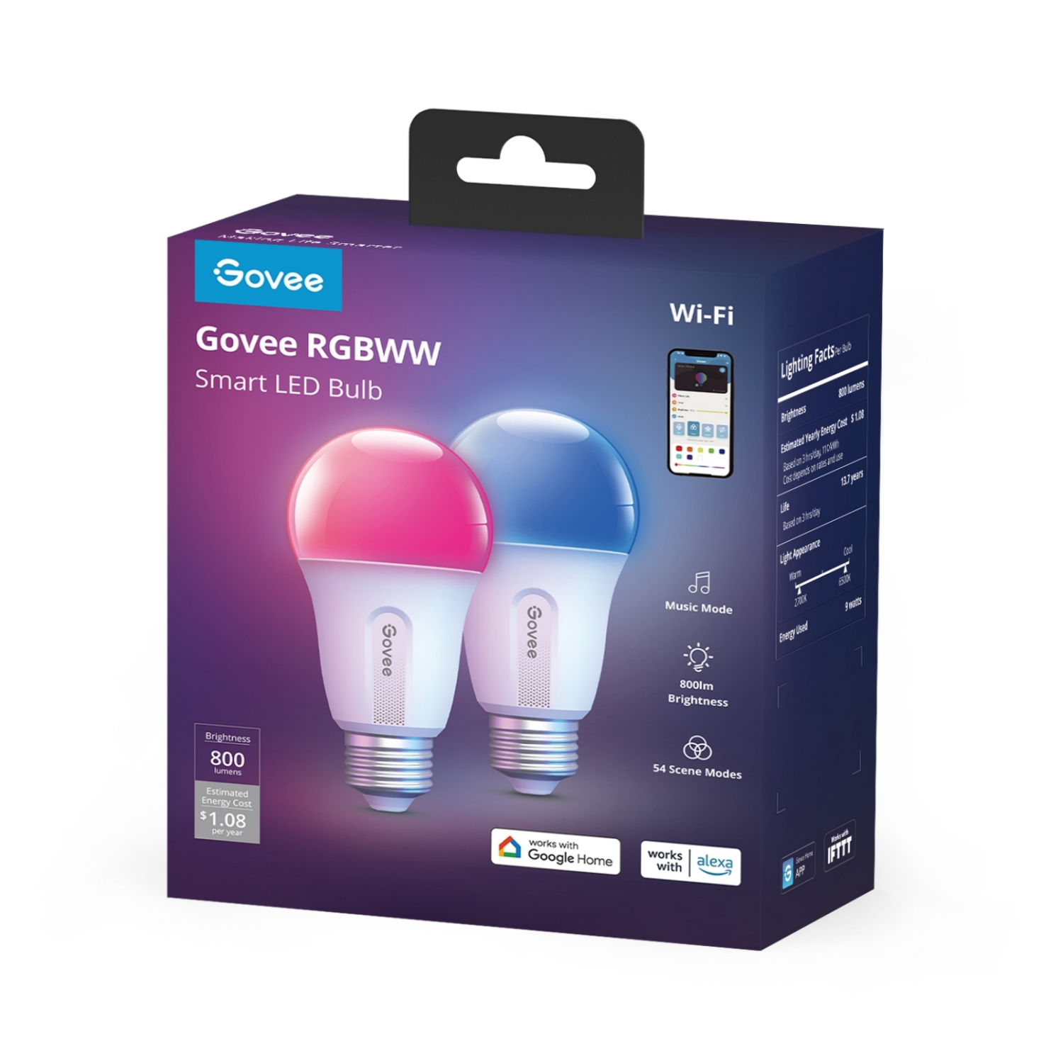 slide 6 of 7, Govee 800LM RGBWW Smart LED Bulb 2 Packs, 2 ct