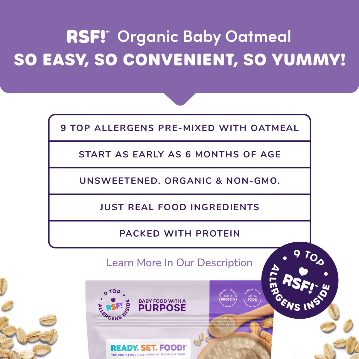 slide 2 of 8, Ready Set Food! Peanut Butter Organic Baby Oatmeal, 8 oz