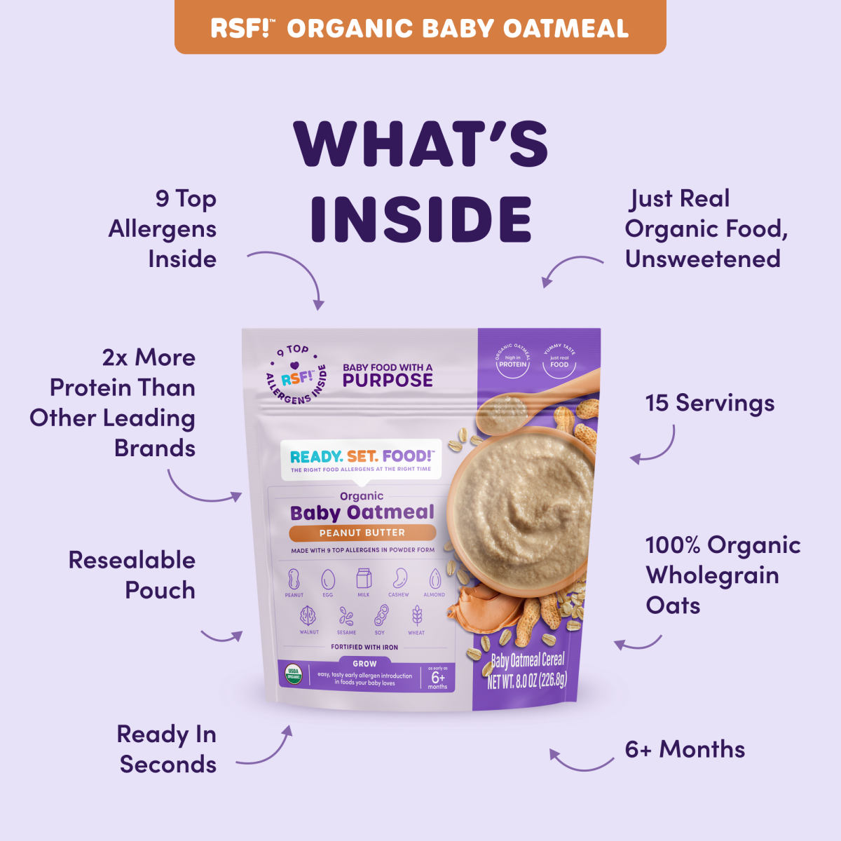 slide 5 of 8, Ready Set Food! Peanut Butter Organic Baby Oatmeal, 8 oz