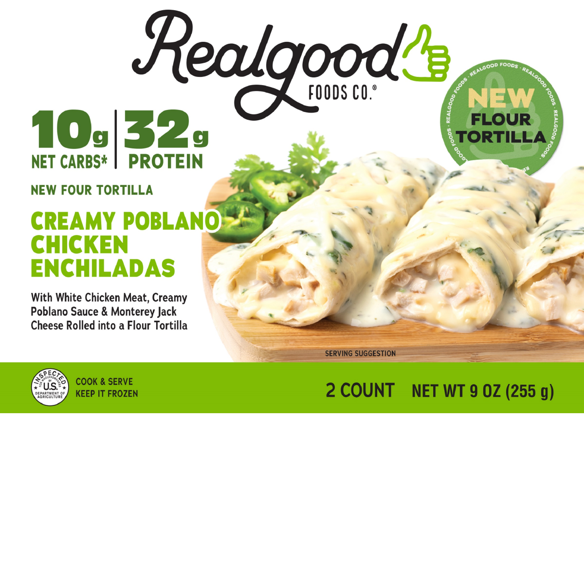slide 1 of 1, Realgood Creamy Poblano Chicken Enchiladas 2 ea, 8 oz