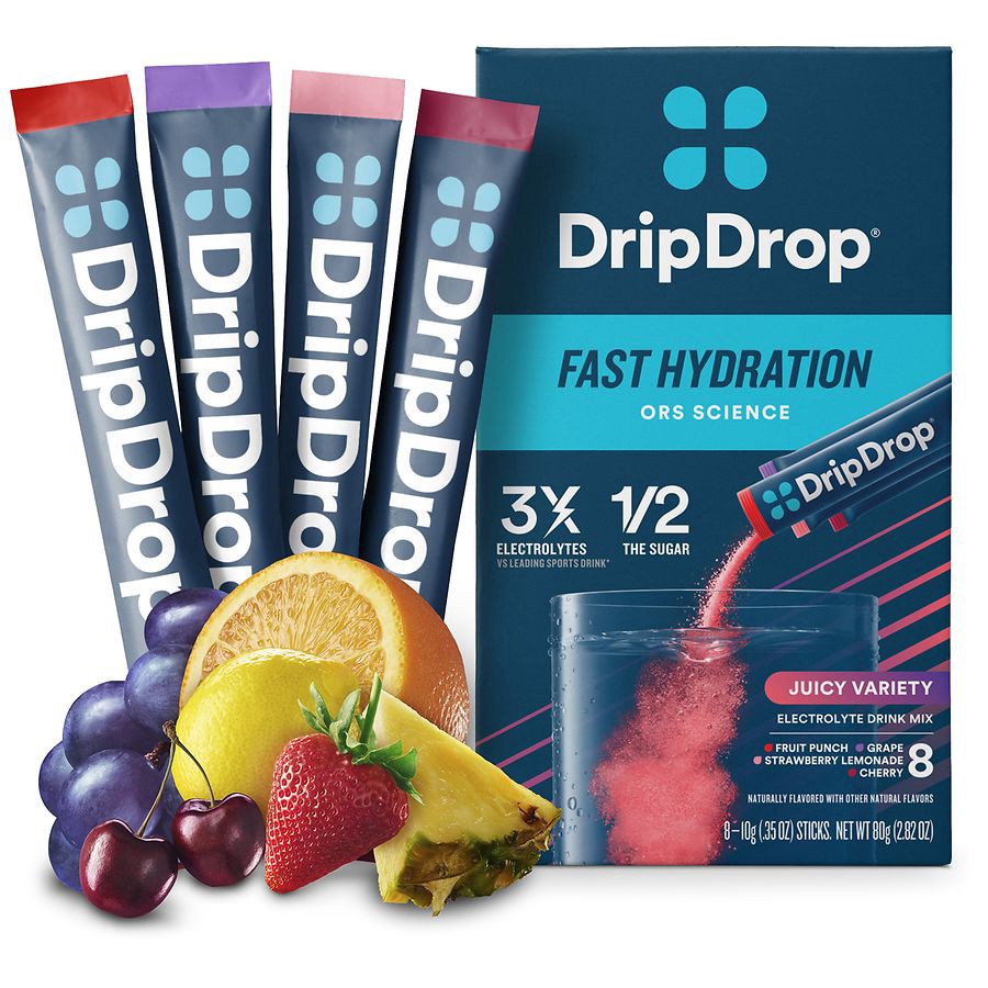 slide 5 of 5, DripDrop Fast Hydration Juice Variety Electrolyte Drink Mix 8 - 3.5 oz Sticks, 8 ct; 2.82 oz