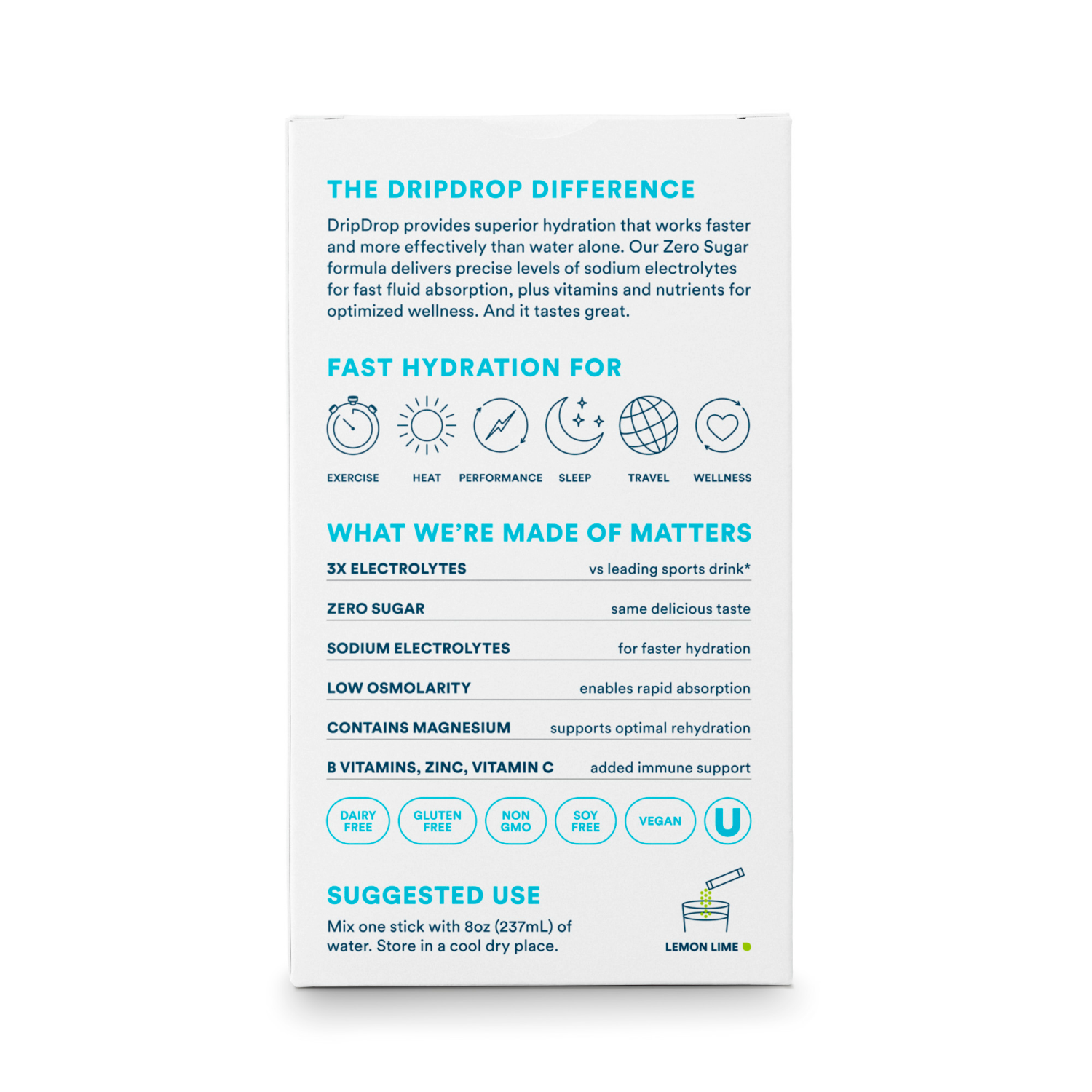 slide 4 of 4, DripDrop Zero Sugar Fast Hydration Lemon Lime Electrolyte Drink Mix 8 - 0.16 oz Sticks, 8 ct