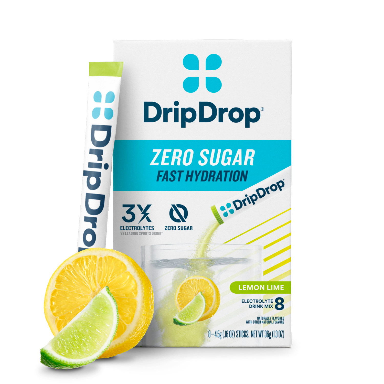 slide 1 of 4, DripDrop Zero Sugar Fast Hydration Lemon Lime Electrolyte Drink Mix 8 - 0.16 oz Sticks, 8 ct