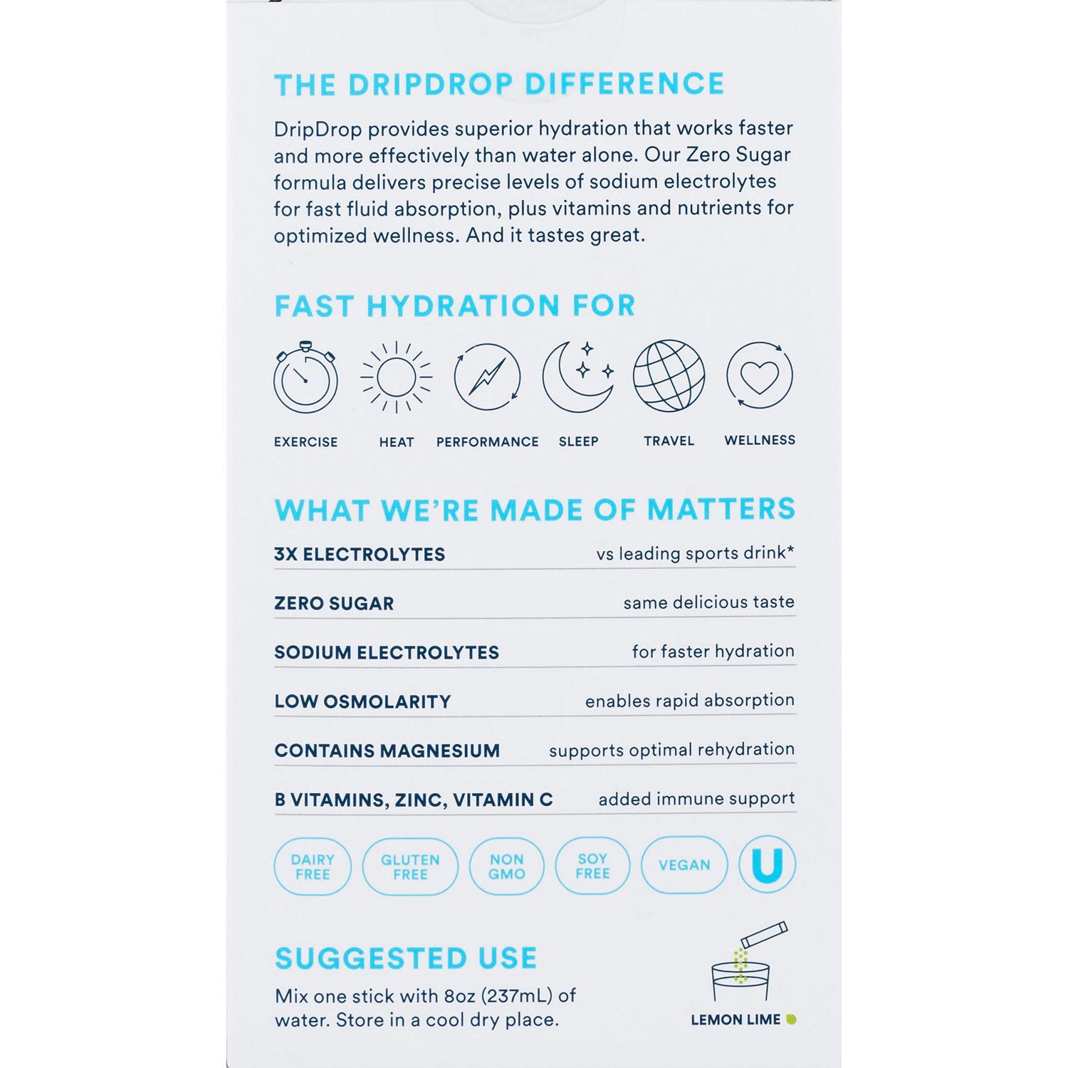 slide 6 of 7, DripDrop Zero Sugar Fast Hydration Lemon Lime Electrolyte Drink Mix 8 - 0.16 oz Sticks, 8 ct