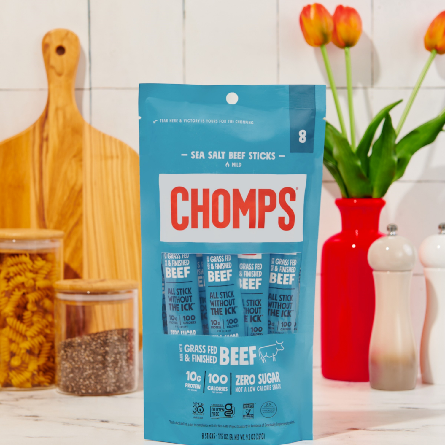 slide 3 of 4, Chomps Sea Salt Beef Sticks - 8 Count, 1.15 oz. Sticks, 8 ct