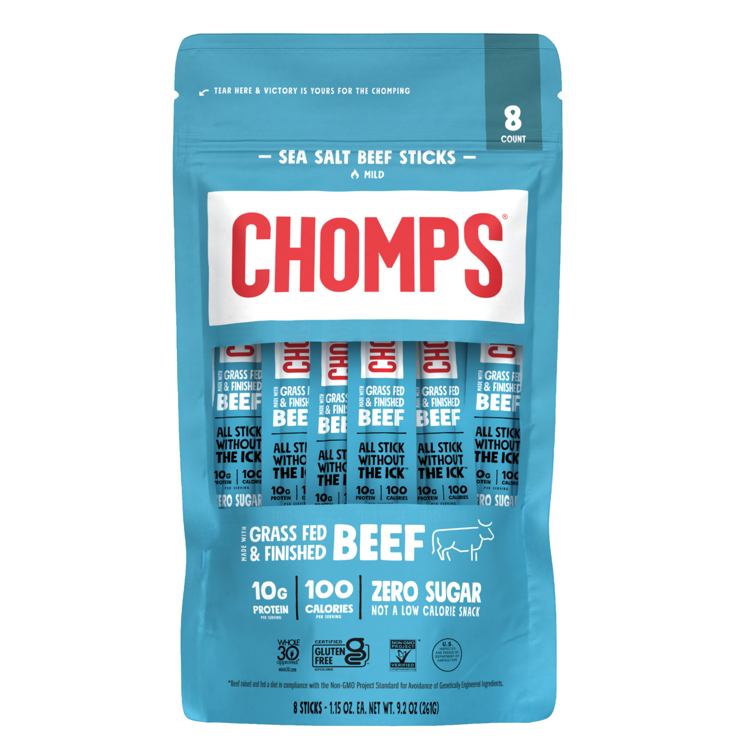 slide 1 of 4, Chomps Sea Salt Beef Sticks - 8 Count, 1.15 oz. Sticks, 8 ct
