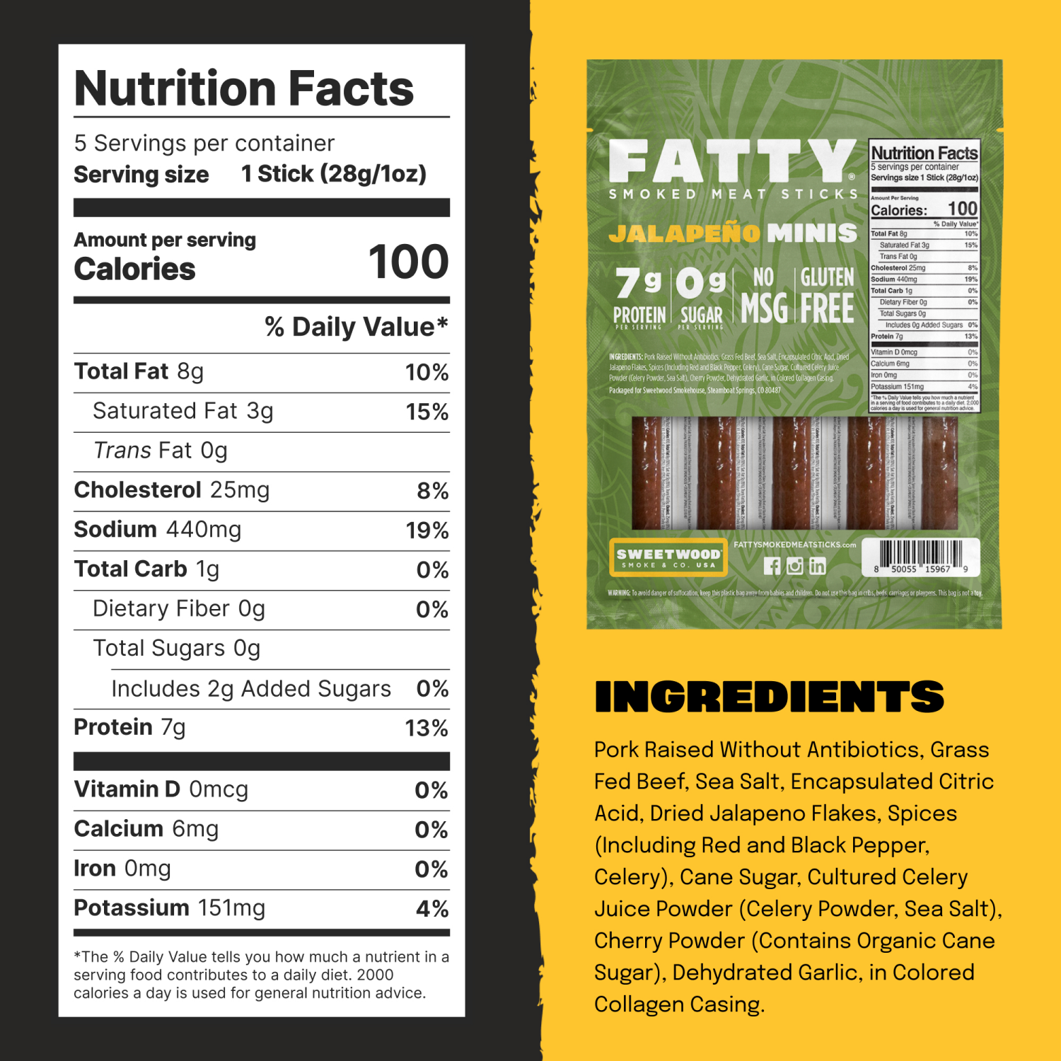 slide 2 of 2, FATTY Mini Meat Sticks, Made with Grass Fed Beef, Pork Raised Without Antibiotics, 7g Protein Per Stick, Jalapeno Minis, 1 oz. Snack Size (Pack of 5), 5 oz