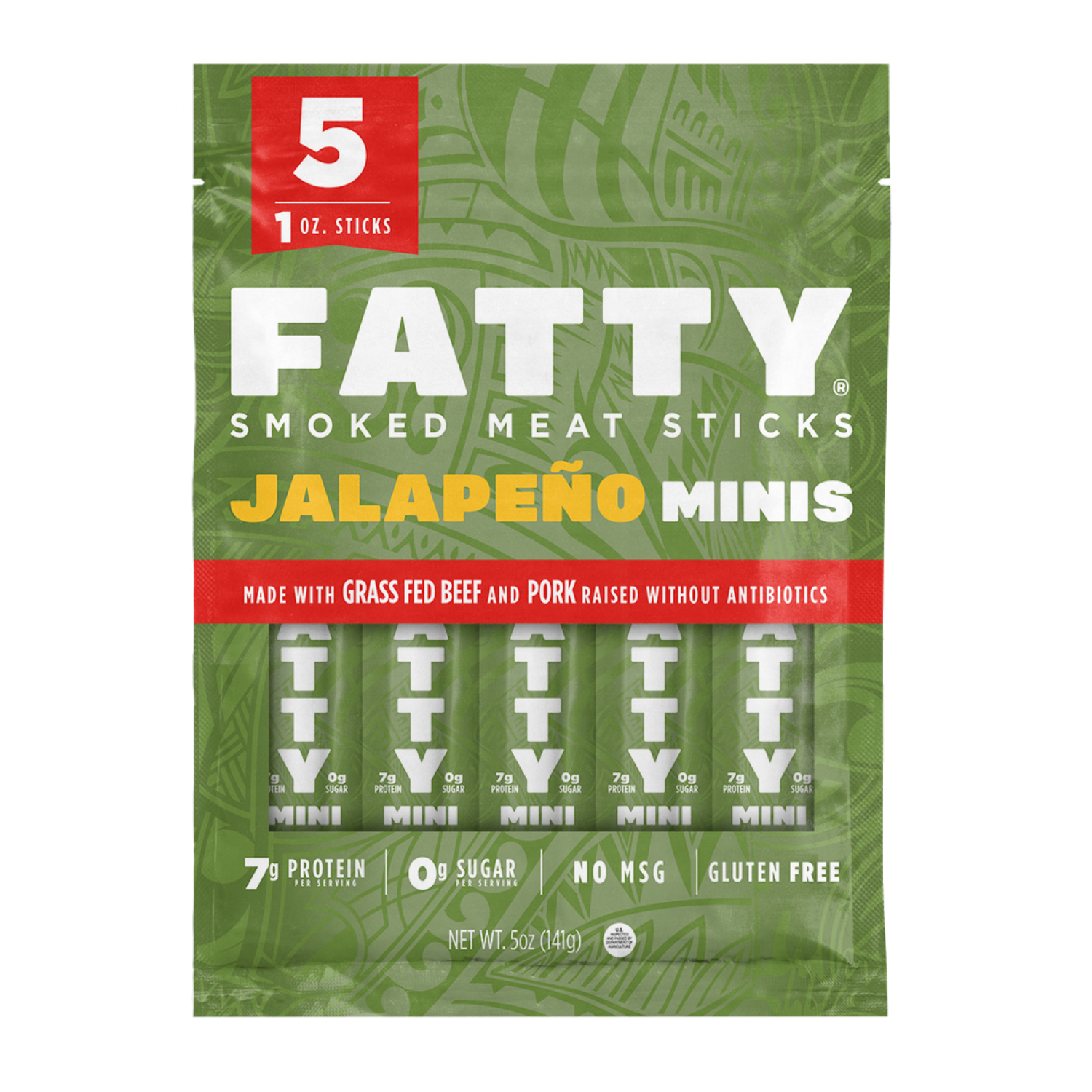 slide 1 of 2, FATTY Mini Meat Sticks, Made with Grass Fed Beef, Pork Raised Without Antibiotics, 7g Protein Per Stick, Jalapeno Minis, 1 oz. Snack Size (Pack of 5), 5 oz