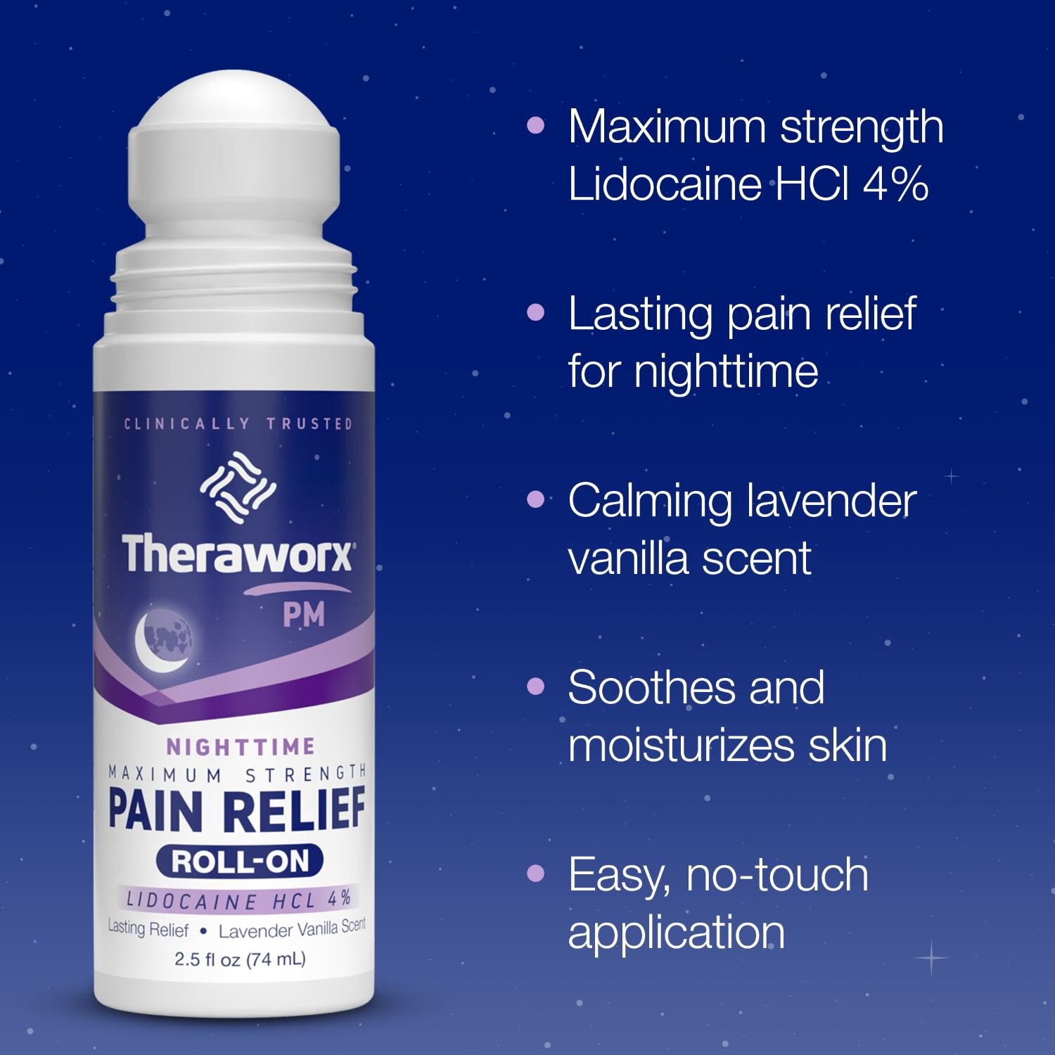 slide 4 of 5, Theraworx Roll-On Nighttime Maximum Strength Lavender Vanilla Scent Pain Relief 2.5 fl oz, 2.5 oz