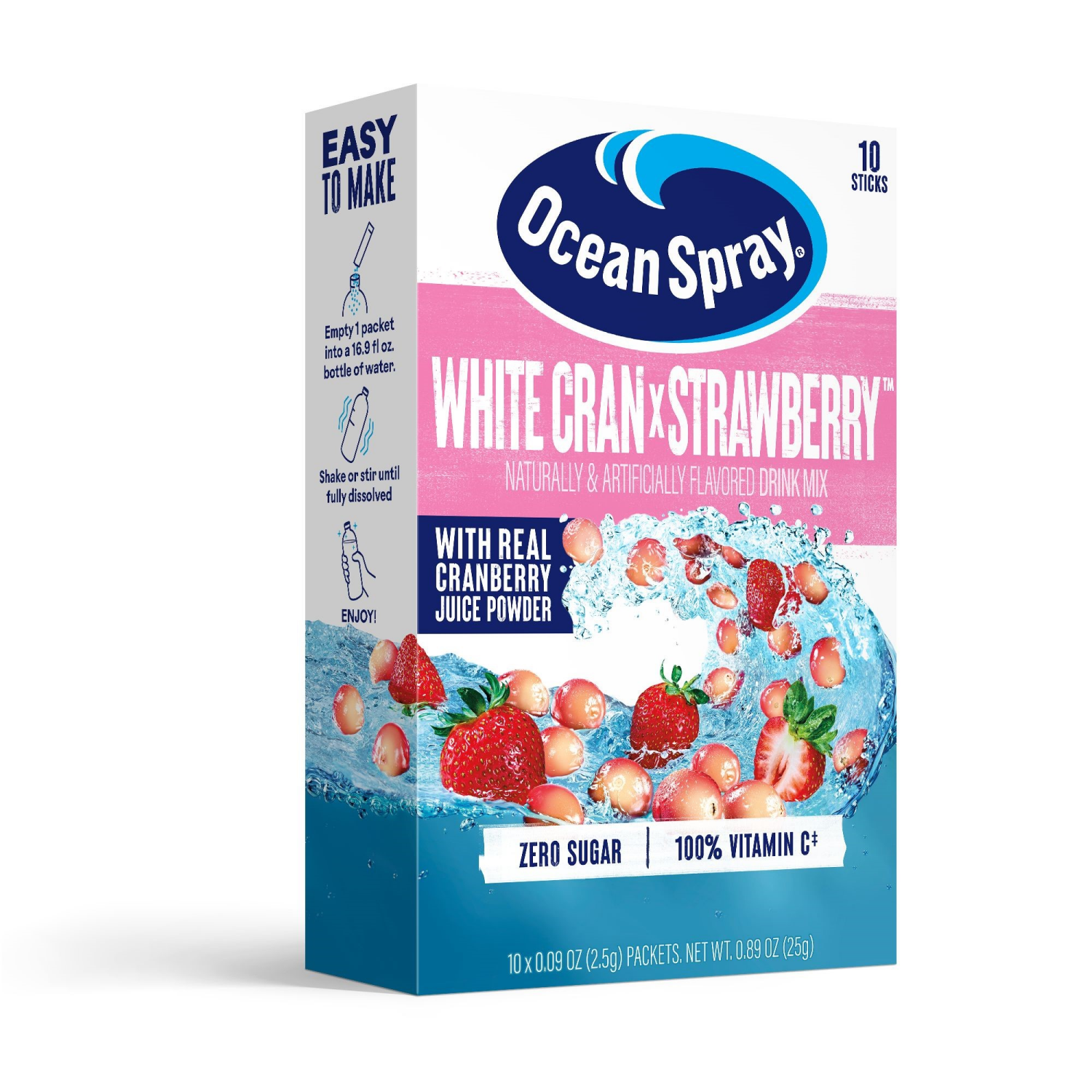 slide 1 of 1, Ocean Spray Zero Sugar White Cran x Strawberry Drink Mix 10 - 0.09 oz Packs, 10 ct