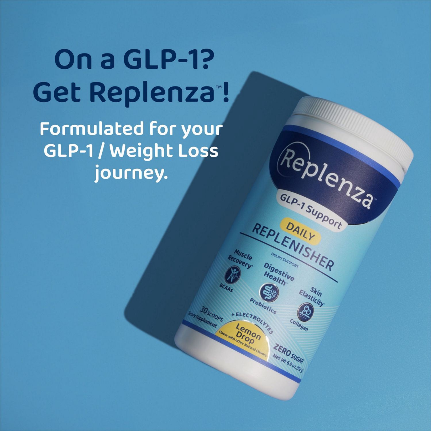 slide 2 of 7, REPLENZA™ Daily Replenisher - Powder for GLP-1 and Semaglutide Weight Loss Support – for Muscle Recovery, Digestive Health and Skin Elasticity - A Mix of Amino Acids, Prebiotics and Collagen Protein Peptides, 30 Servings, 6.8 oz