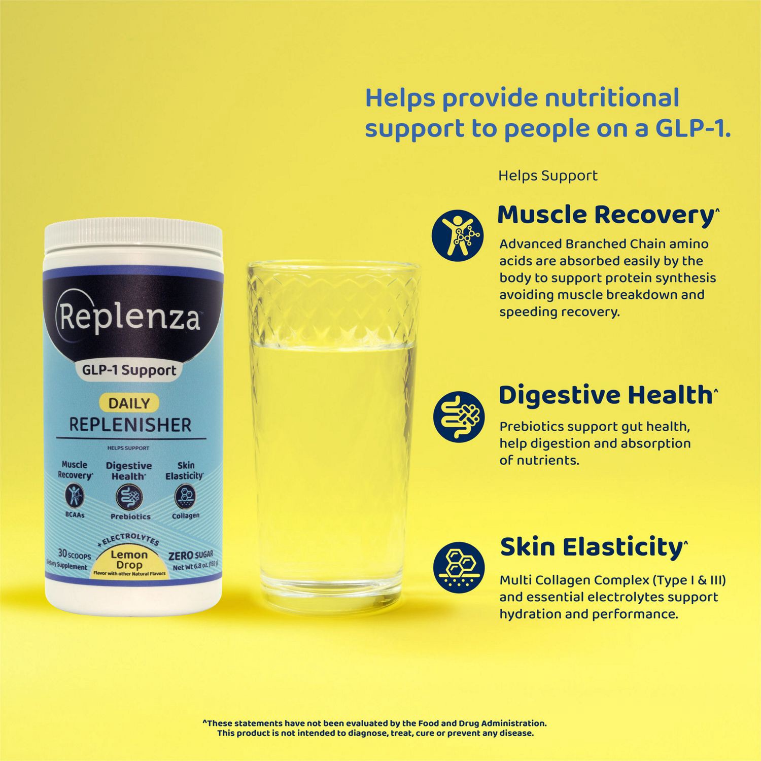 slide 4 of 7, REPLENZA™ Daily Replenisher - Powder for GLP-1 and Semaglutide Weight Loss Support – for Muscle Recovery, Digestive Health and Skin Elasticity - A Mix of Amino Acids, Prebiotics and Collagen Protein Peptides, 30 Servings, 6.8 oz