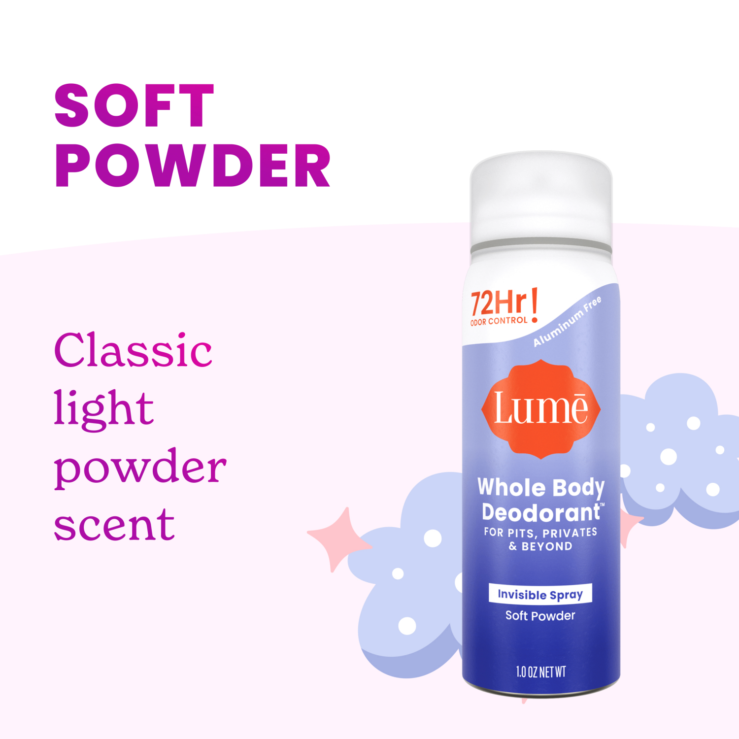 slide 3 of 8, Lume Whole Body Womens Deodorant - Mini Invisible Spray - Aluminum Free - Soft Powder Scent - Trial Size - 1.0 oz, 1 oz