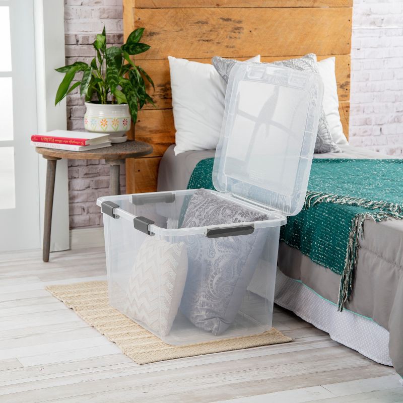 slide 2 of 11, Sterilite 80qt Hinged Lid Latch Box: Plastic Storage Bin, Portable, Stackable, Transparent, Built-In Handles, 80 qt