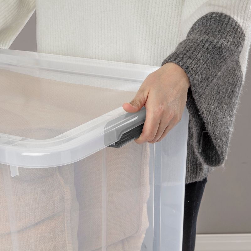 slide 10 of 11, Sterilite 80qt Hinged Lid Latch Box: Plastic Storage Bin, Portable, Stackable, Transparent, BPA-Free, Built-In Handles, 80 qt