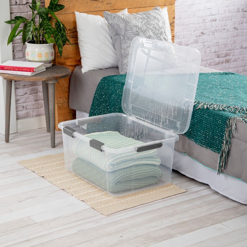 slide 2 of 11, Sterilite 60qt Hinged Lid Latch Box: Plastic Storage Tote, Portable & Stackable, Built-In Handles, Universal Use, 60 qt