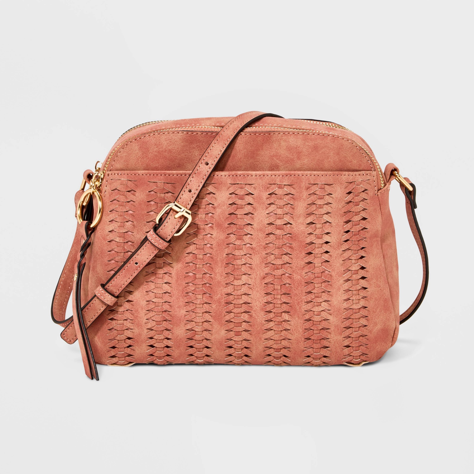 VR NYC Woven Front Pocket Double Zip Crossbody Bag Color Clay