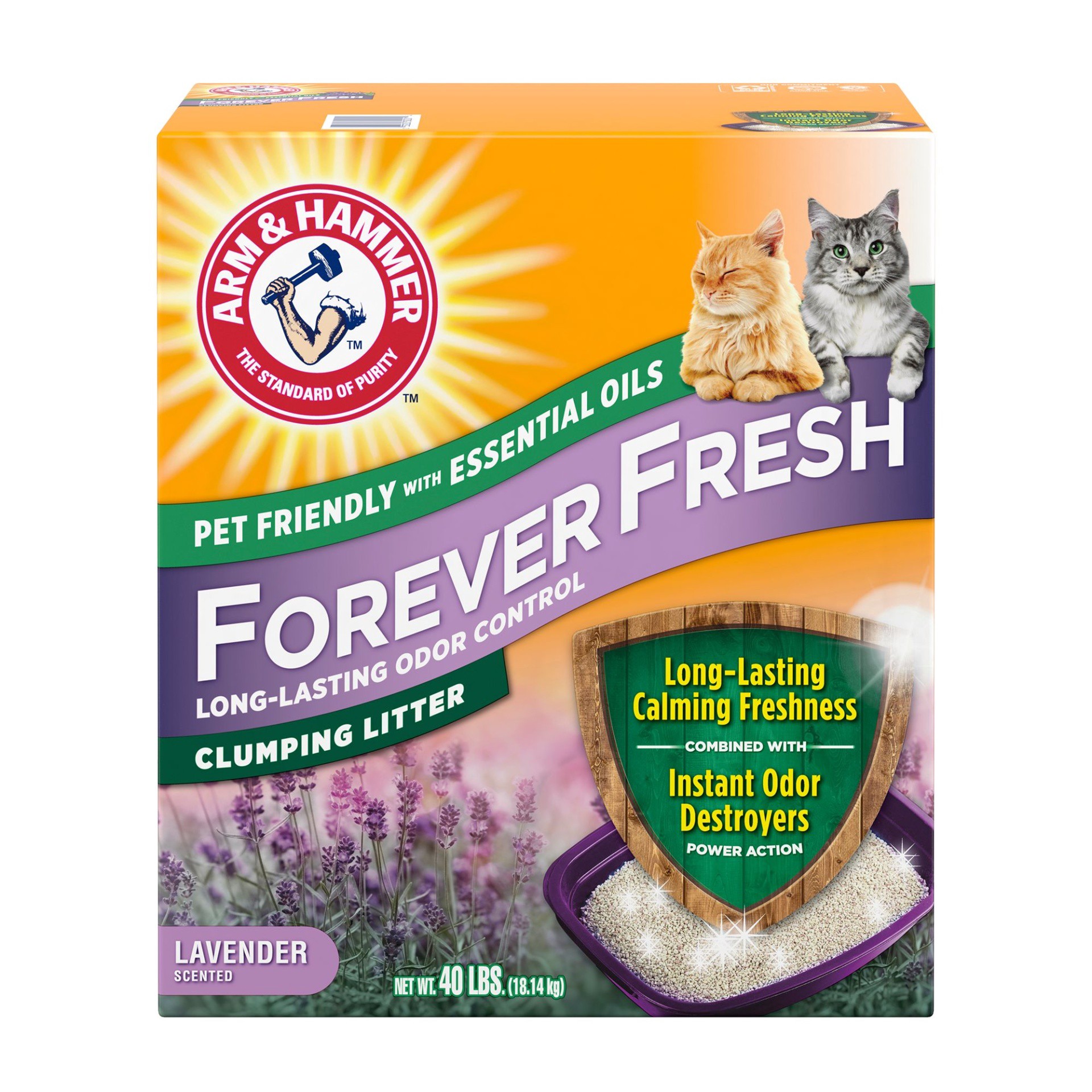 slide 1 of 1, ARM & HAMMER Forever Fresh Clumping Cat Litter Lavender, MultiCat 40lb, Pet Friendly with Essential Oils, 40 lb