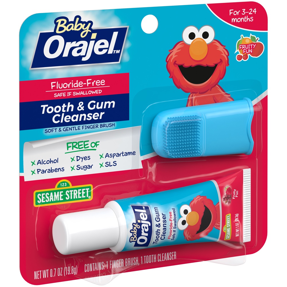 slide 2 of 4, Orajel Elmo Fluoride-Free Tooth & Gum Cleanser with Finger Brush, Combo Pack, Fruity Fun Flavored Non-Fluoride, 0.7 oz., 0.7 oz