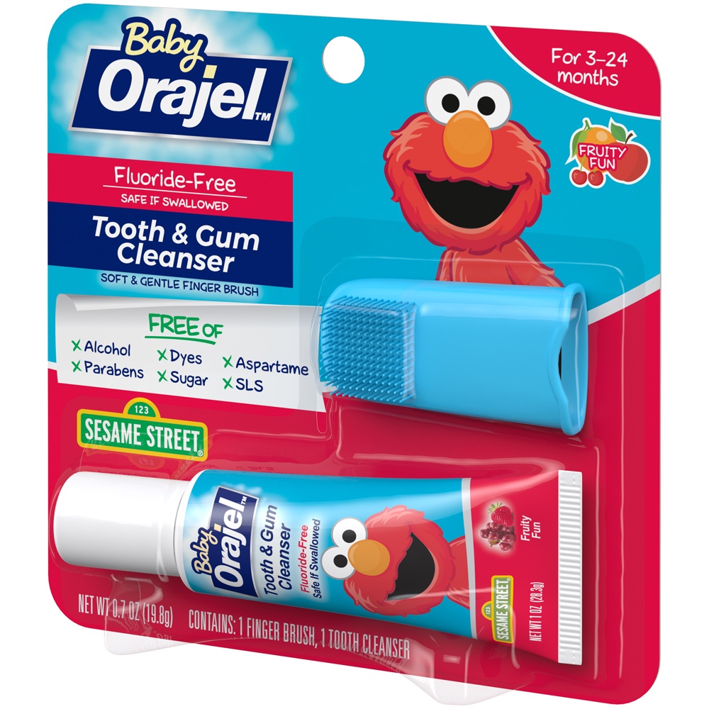 slide 3 of 4, Orajel Elmo Fluoride-Free Tooth & Gum Cleanser with Finger Brush, Combo Pack, Fruity Fun Flavored Non-Fluoride, 0.7 oz., 0.7 oz