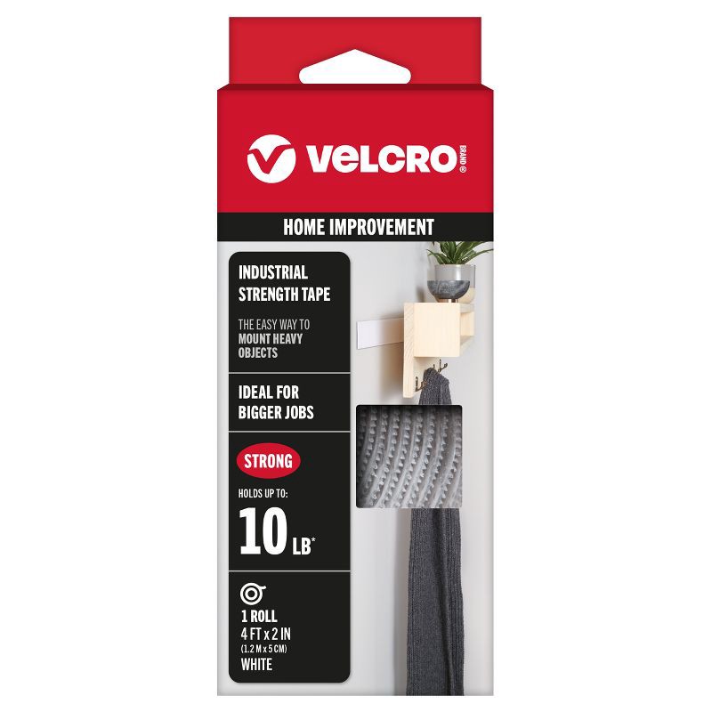 slide 13 of 13, VELCRO 4'x2'' Industrial Strength Tape Indoor and Outdoor Use Superior Holding Power on Smooth Surface White, 1 ct