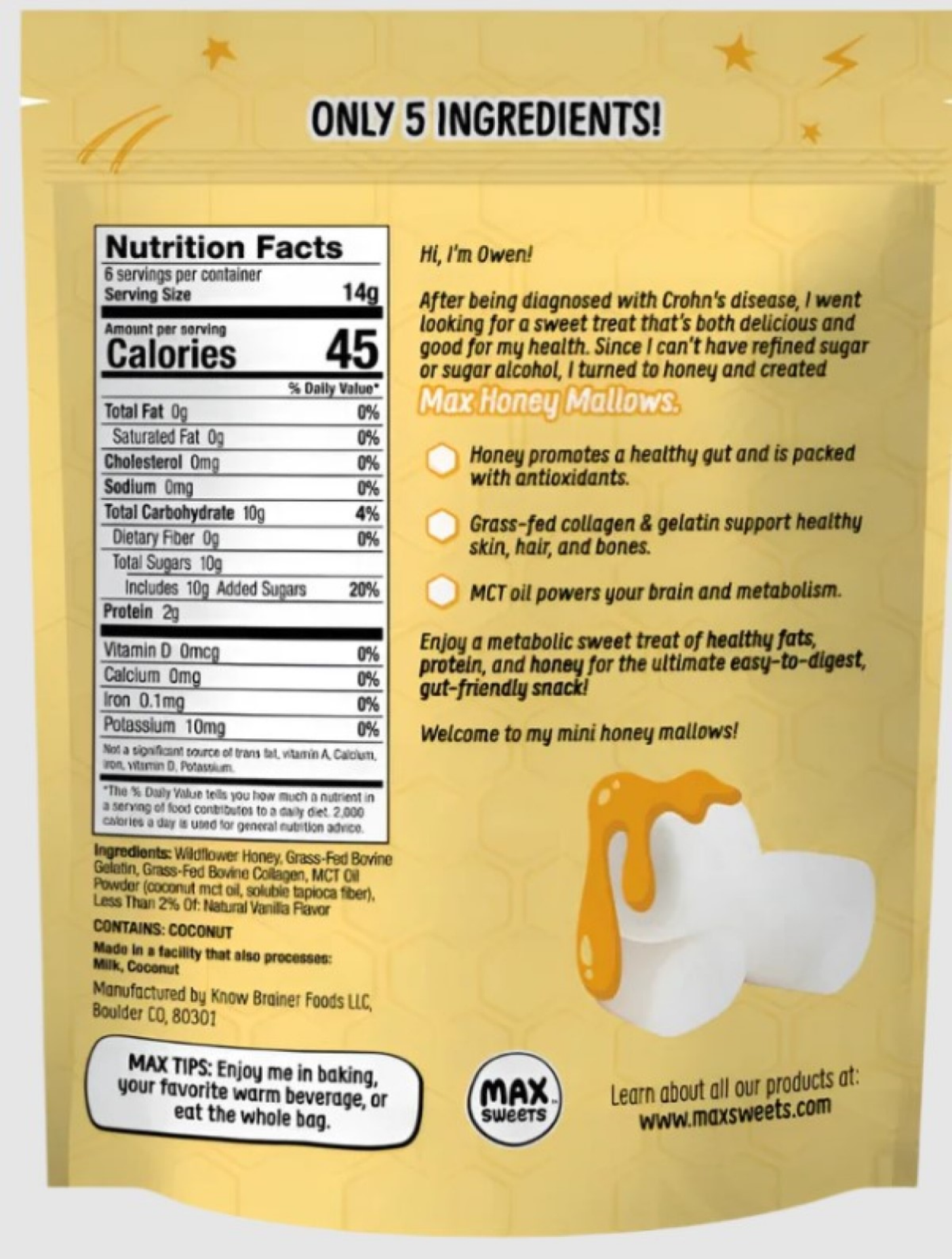 slide 2 of 2, MAX MALLOWS Know Brainer Foods Max Honey Mini Mallows Very Vanilla 3oz, 3 oz