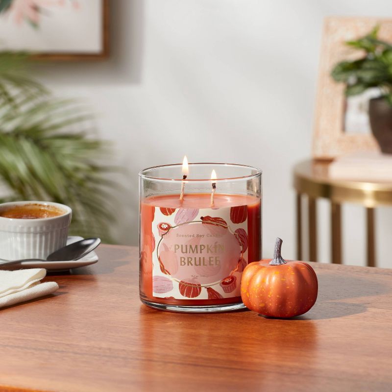 slide 2 of 3, 15.1oz 2-Wick Lidded Glass Jar Pumpkin Brulee Candle Orange - Opalhouse, 15.1 oz