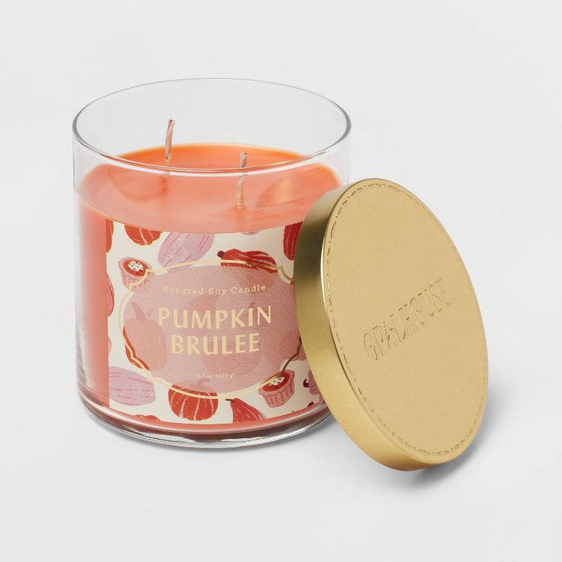 slide 3 of 3, 15.1oz 2-Wick Lidded Glass Jar Pumpkin Brulee Candle Orange - Opalhouse, 15.1 oz