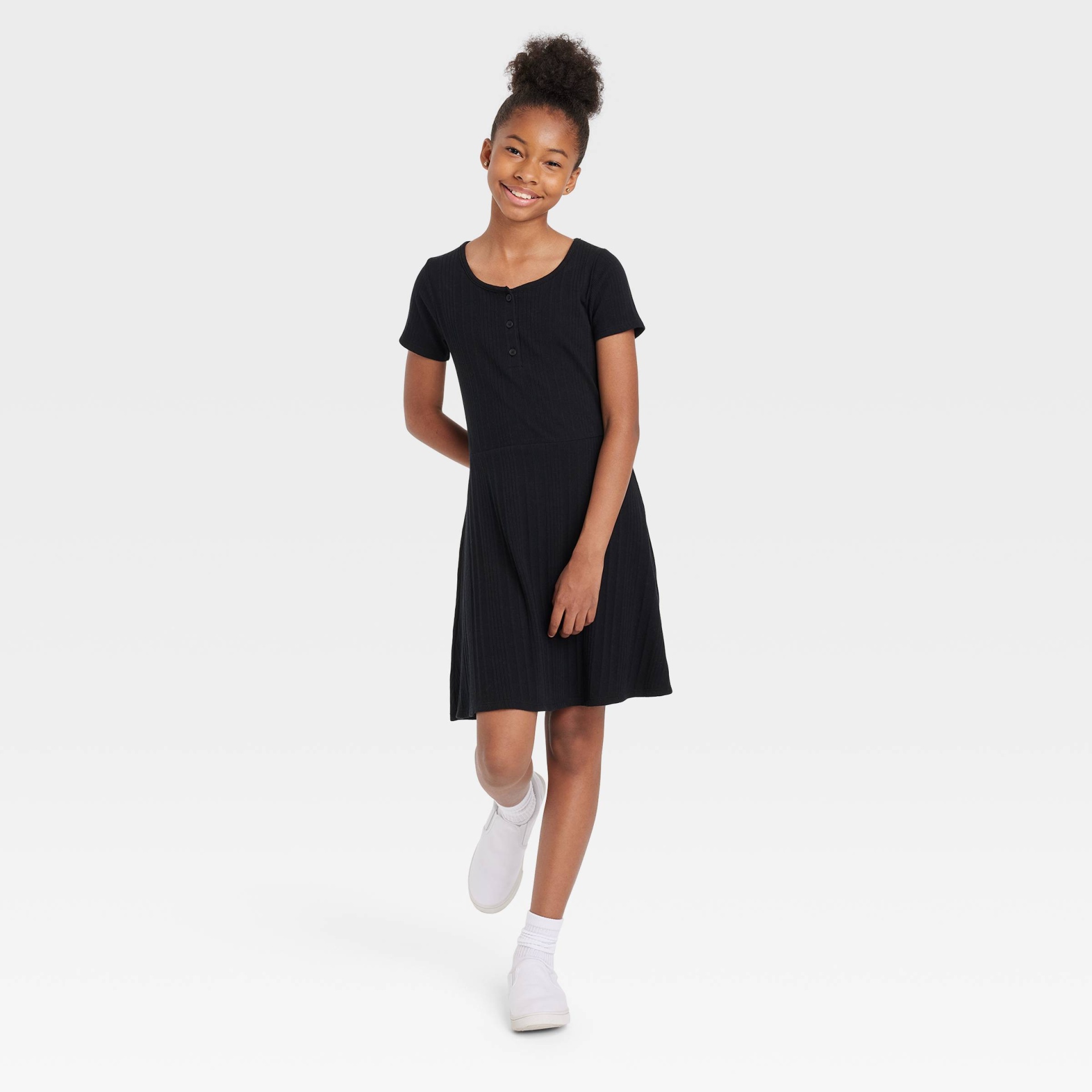 slide 1 of 3, Girls' Henley Skater Dress - art class Black S, 1 ct