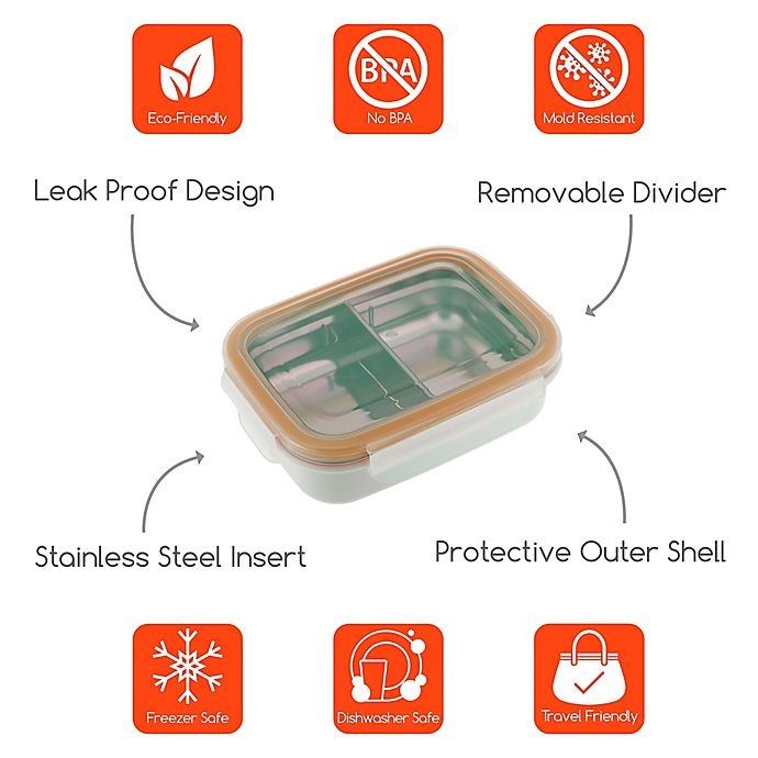 slide 8 of 8, Innobaby Double-Lined Stainless Bento Snack Box with Divider - Orange, 11 oz